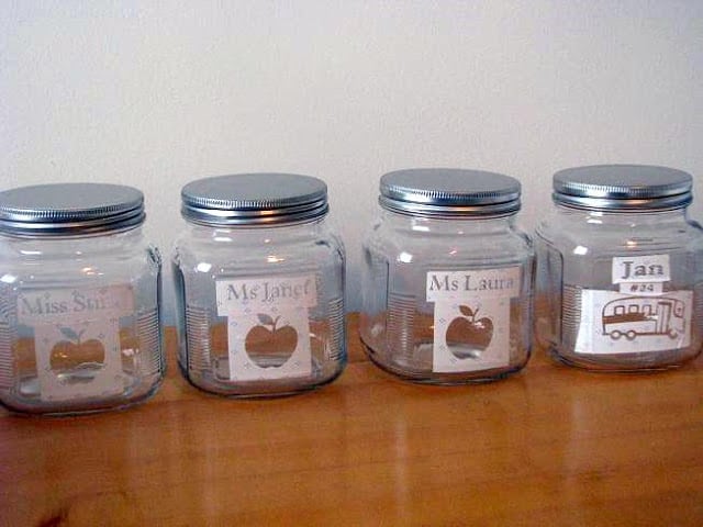 jars with contact paper stencil on front