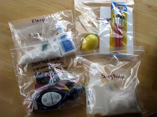 plastic bags filled with science experiment ingredients