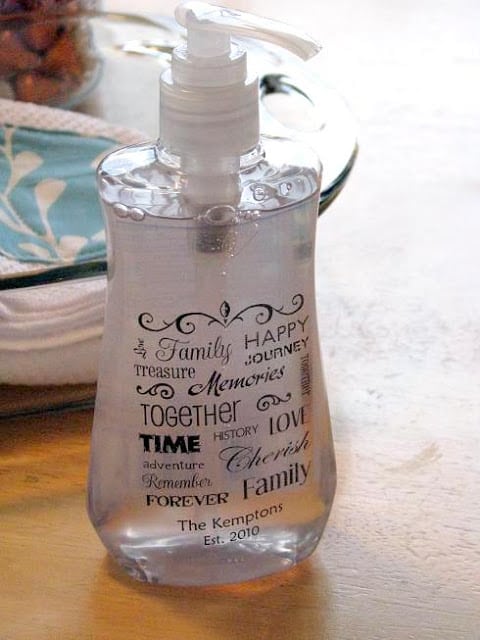 clear bottle of soap with personalized front