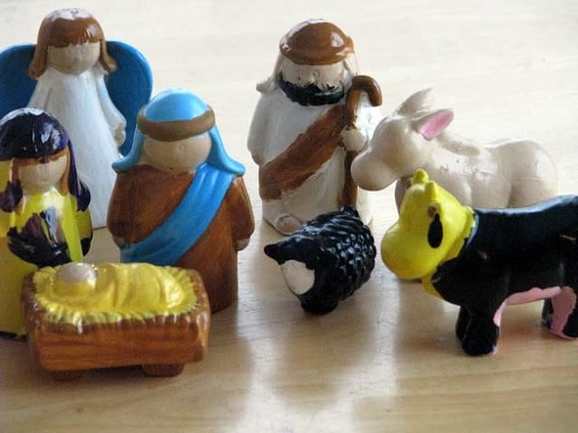 close up of painted nativity scene