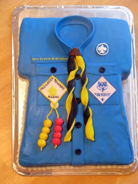 Cub Scout themed cake on silver baking sheet