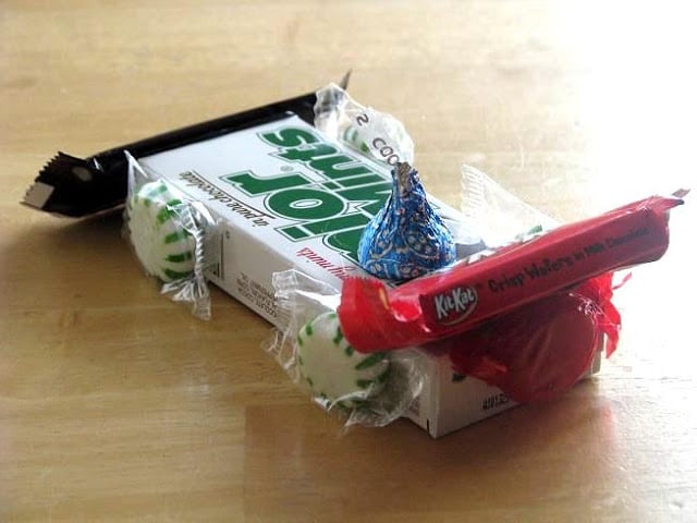 candy car made from junior mints and chocolate bars