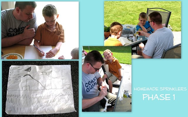 collage of photos of children helping dad make PVC pipe sprinkler