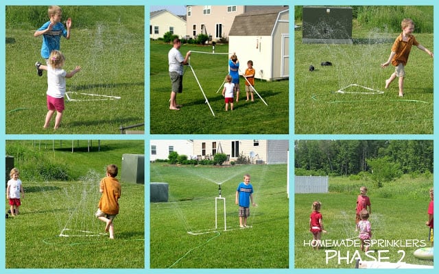 children playing with homemade PVC pipe sprinklers