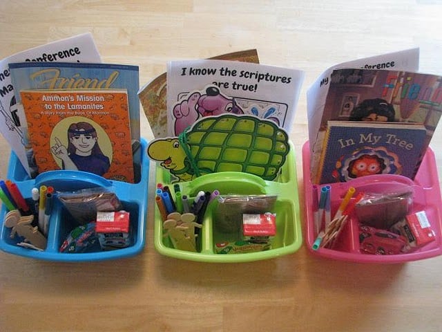 activity totes filled with snacks and activities for kids