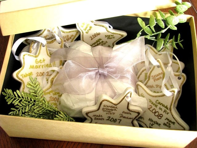 box full of personalized ornaments