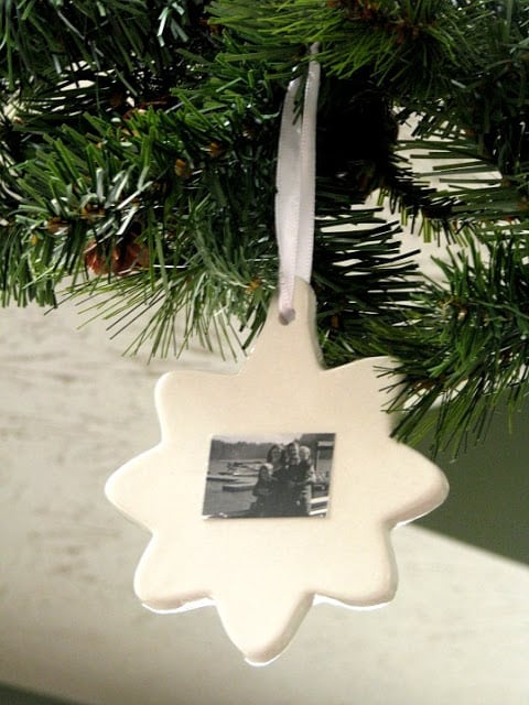 white ceramic ornament with black and white photo