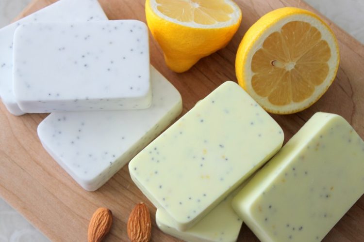 white and yellow bars of poppy seed soap