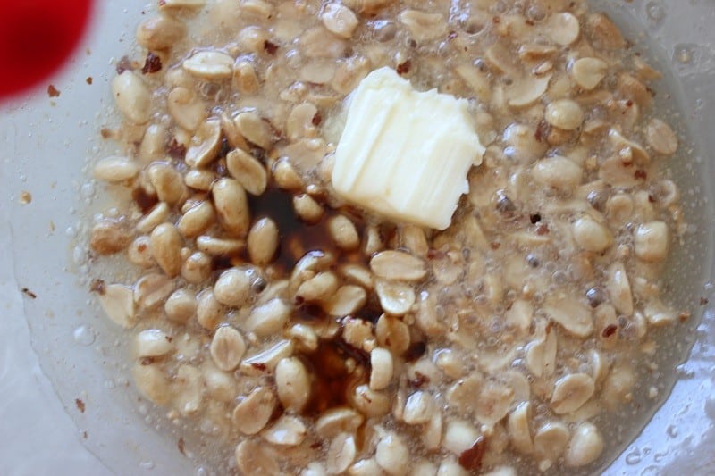 square of butter in peanut brittle mixture