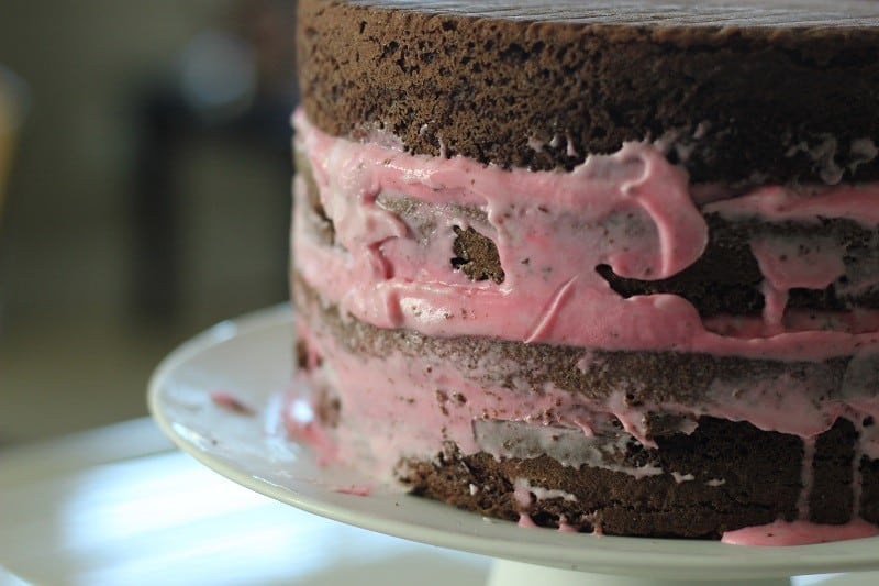 chocolate cake stacked without frosting