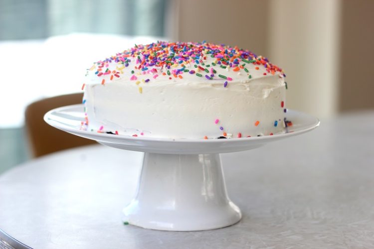 Tie Dyed Cake on white cake stand