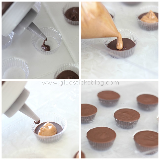 chocolate molds filled with chocolate and peanut butter