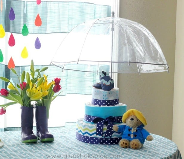 rainbow flower centerpiece and diaper cake