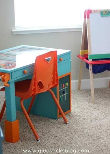 kids art desk with orange chair