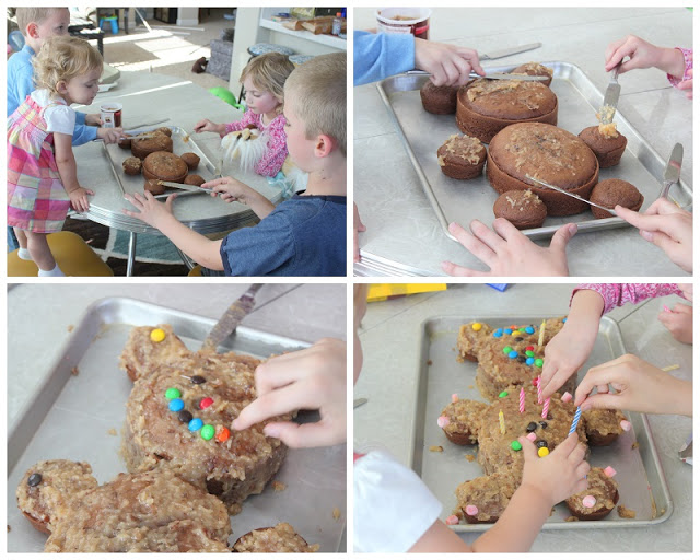 kids making a chocolate teddy bear cake