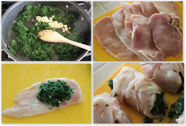 collage of spinach and chicken rolled up with toothpicks
