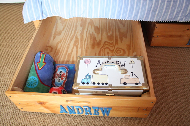 wooden drawer with the name Andrew on front