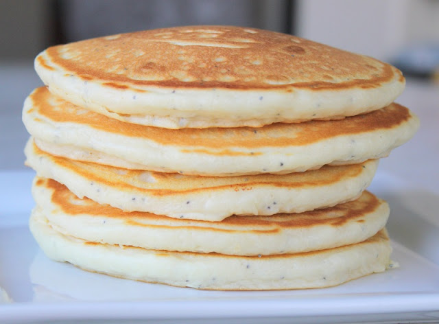 stack of almond poppy seed pancakes