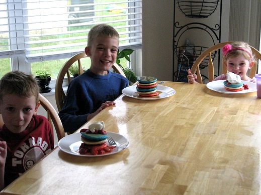 kids eating red white and blue pancakes