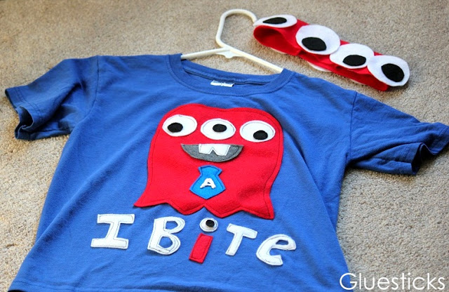 blue tshirt with felt lettering and felt monster