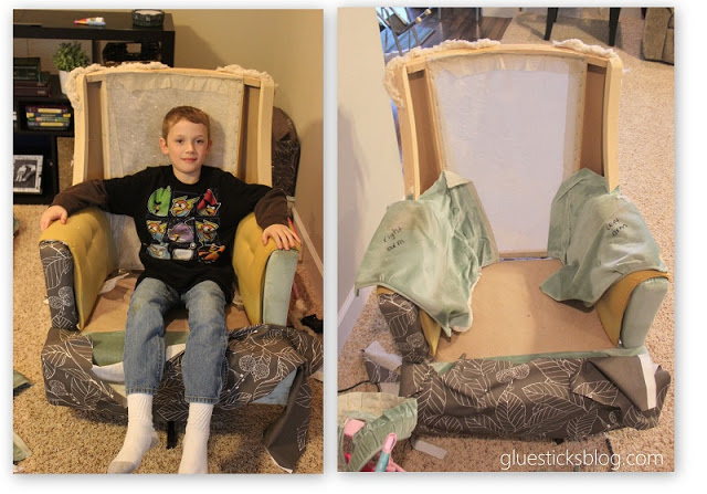 rocker chair with old and new fabric in stages