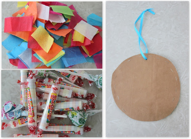 brown bag piñata, candy and tissue paper