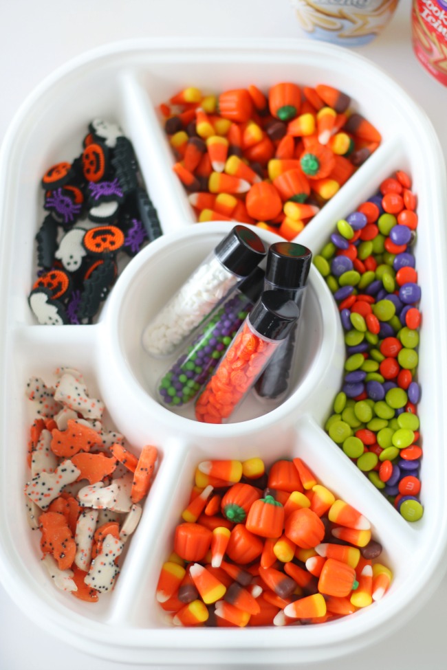 divided tray full of halloween candies to put on haunted houses
