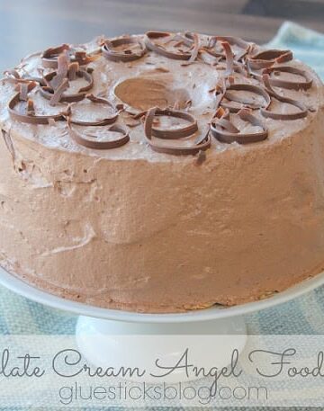 chocolate angel food cake on cake stand