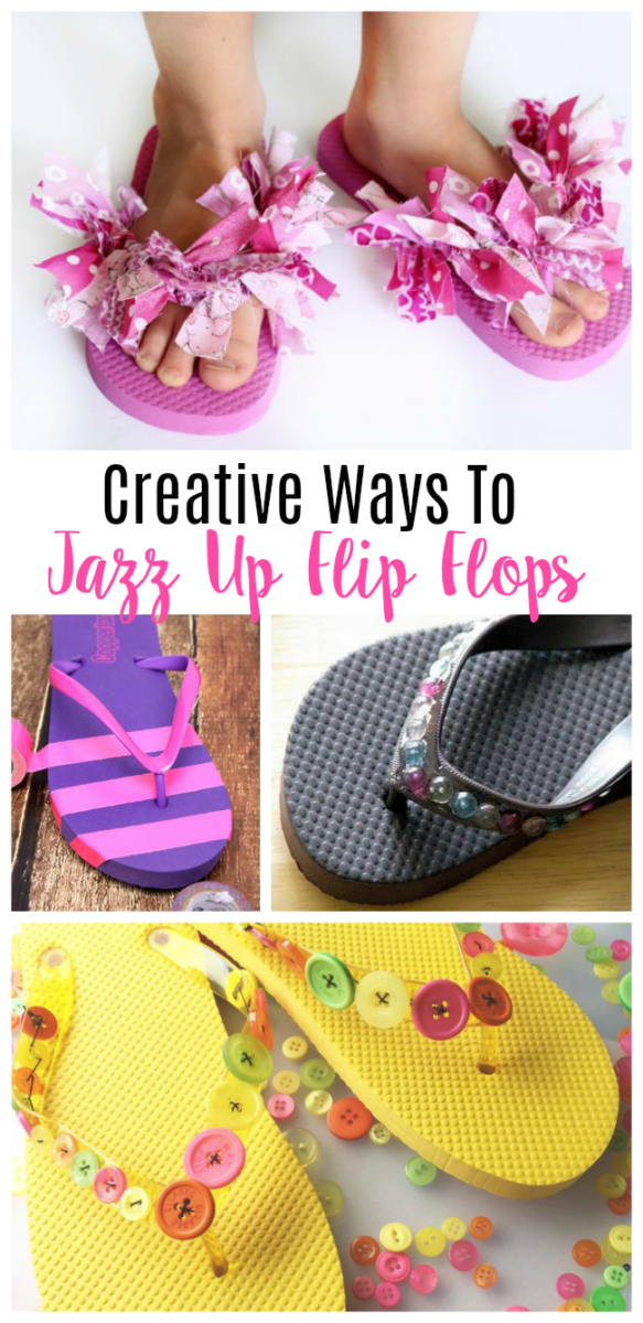 collage of different ways to decorate flip flops