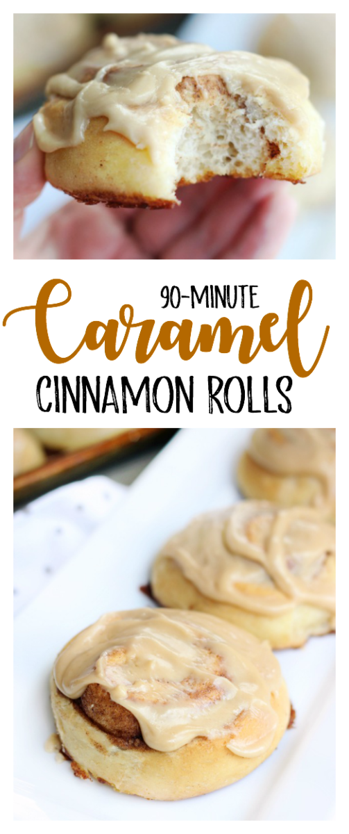 Our 90 minute cinnamon rolls with caramel frosting come together in 90 minutes! Soft, cinnamon rolls covered in decadent caramel frosting. Easy to make and a definite crowd pleaser!