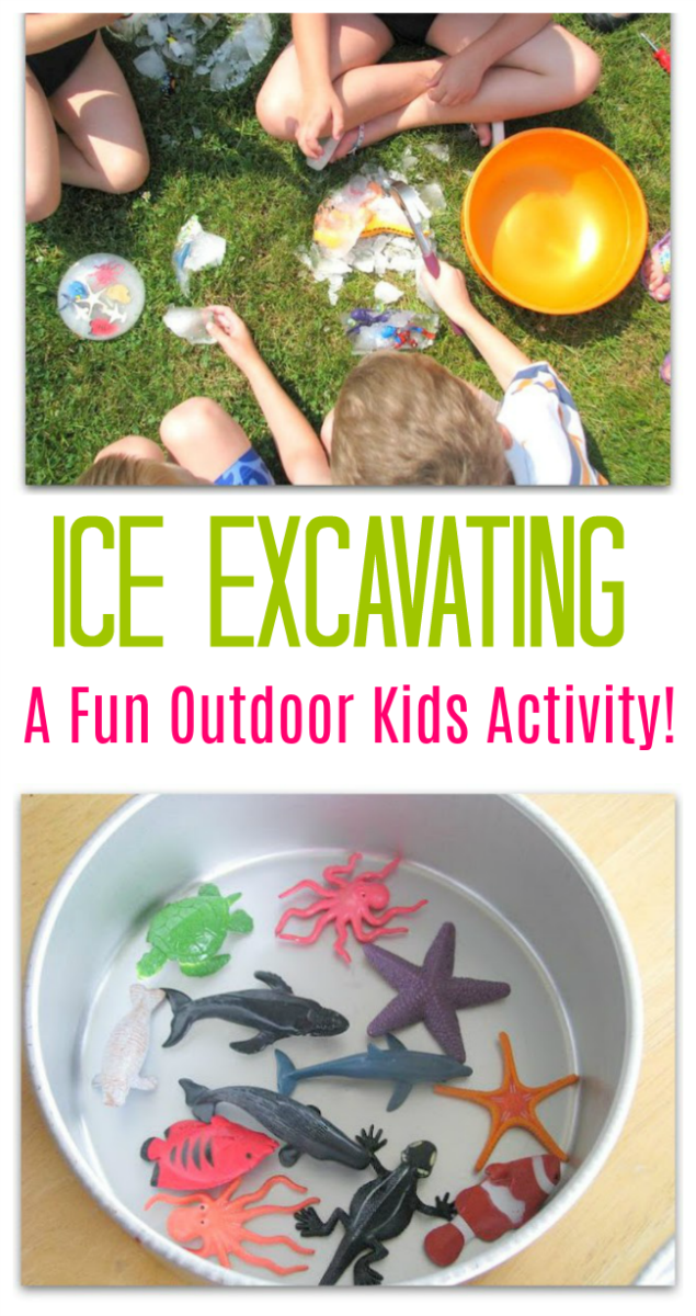 Fill cake pans with small toys and water. Freeze solid then empty onto the grass! Kids love excavating the small treasures with tools while the ice melts in the sun! A great summer outdoor kids activity!