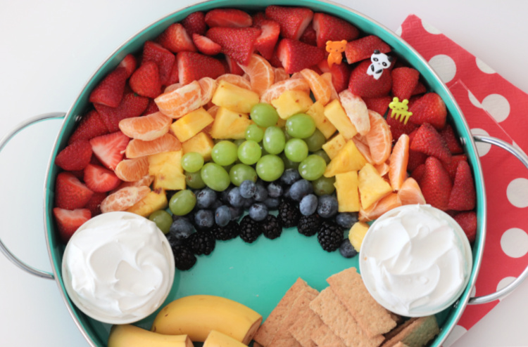 rainbow fruit platter with cool whip for dipping