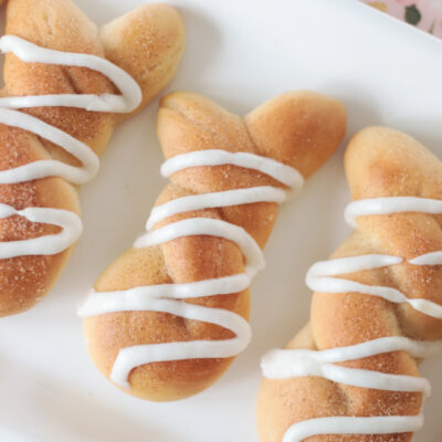 3 bunny rolls on a white platter