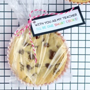 Cookie packaged in cellophane bag with tag.