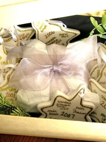 box of personalized ornaments
