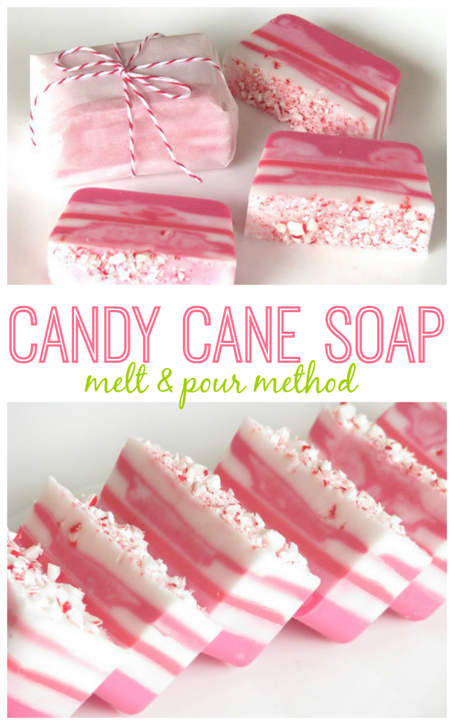 6 candy cane soaps arranged on white surface