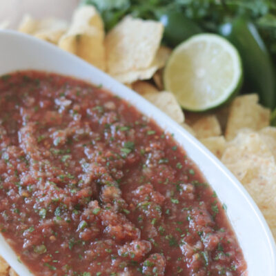 bowl of blender salsa and tortilla chips