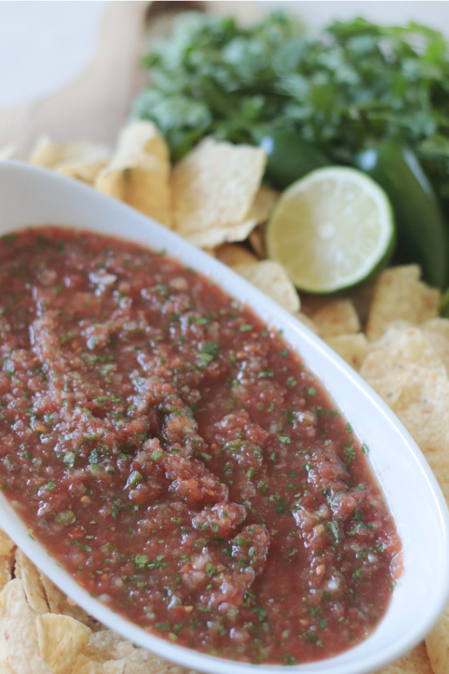 bowl of blender salsa and tortilla chips