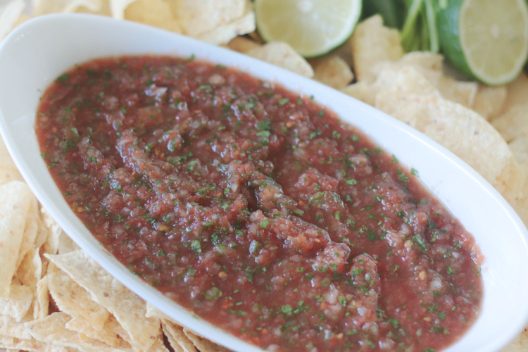 bowl of blender salsa and tortilla chips