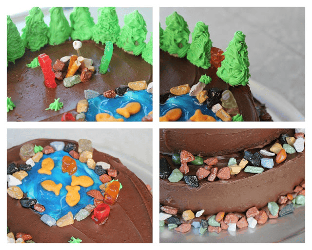 Collage of camping cake photos. Close up of candy rocks, frosting lake with goldfish crackers, trees made out of frosting and bugles chips.