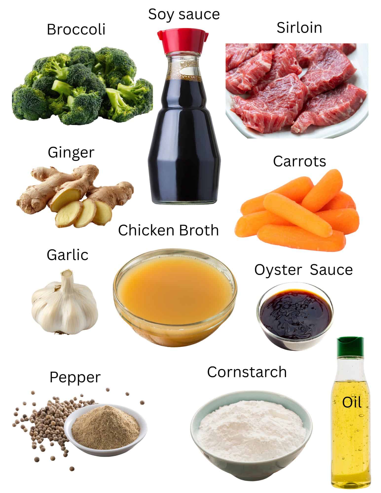 Broccoli, bottle of soy sauce, beef sirloin, ginger, carrots, garlic, pepper, bowls of chicken broth, oyster sauce, bottle of oil and bowl of cornstarch.