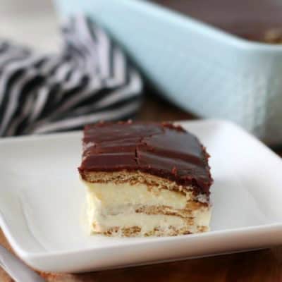piece of eclair dessert on white plate