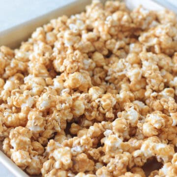 baking sheet with caramel corn