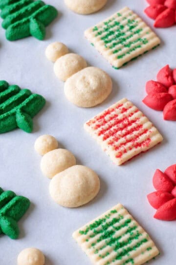 Spritz cookies in red, white and green.