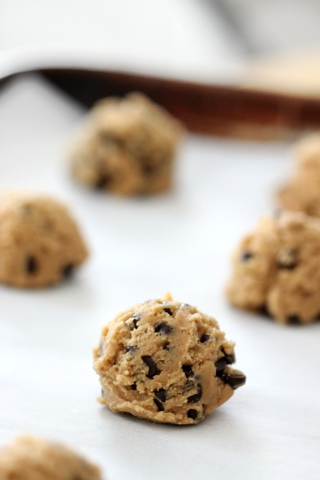 scooped cookie dough on baking sheets