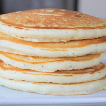 stack of almond poppy seed pancakes