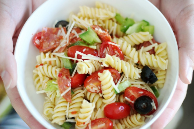 small bow of finished pasta salad