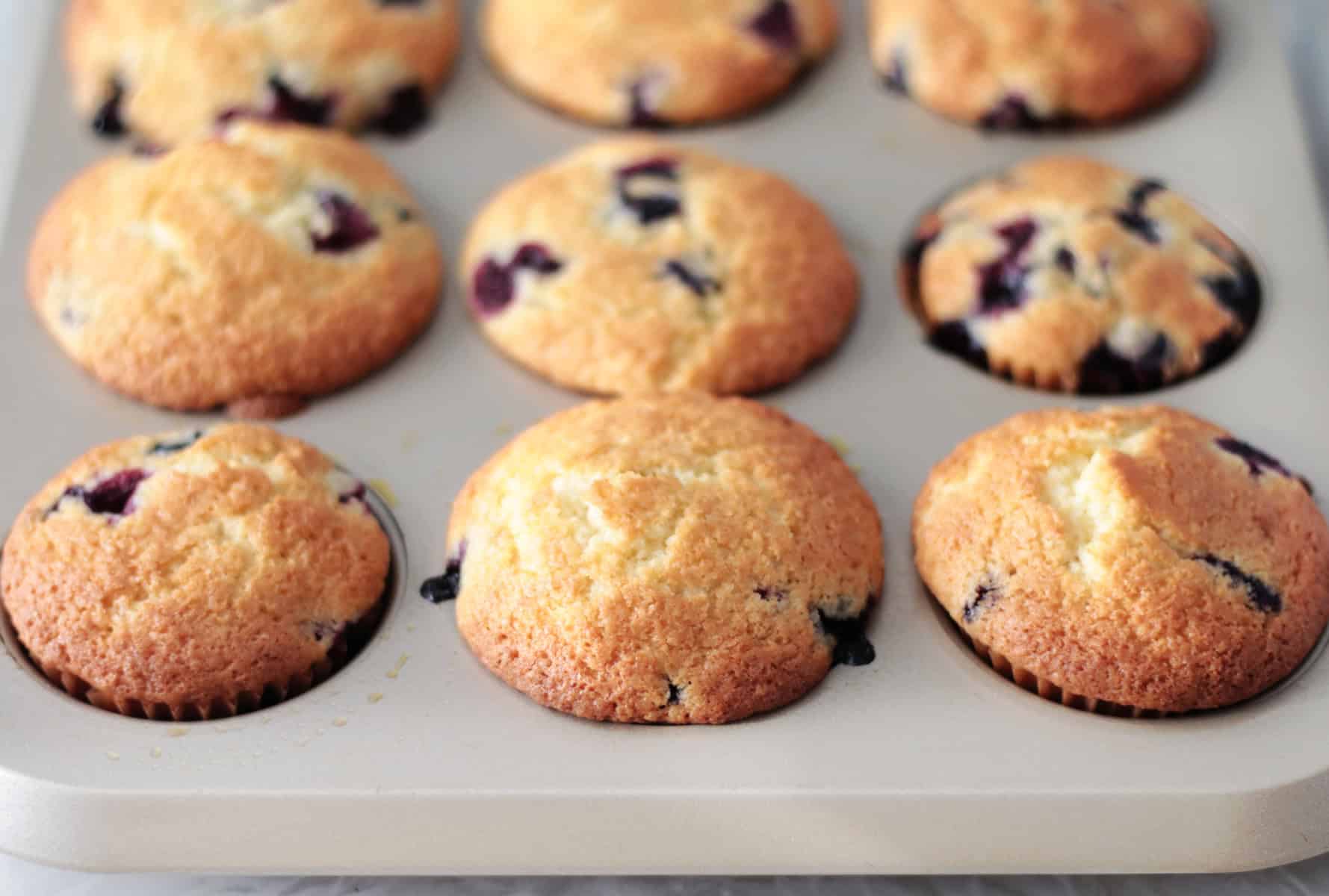 muffin pan with baked blueberry muffins