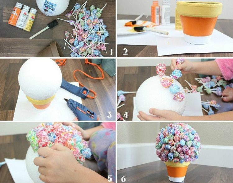 collage of halloween lollipop tree instructions