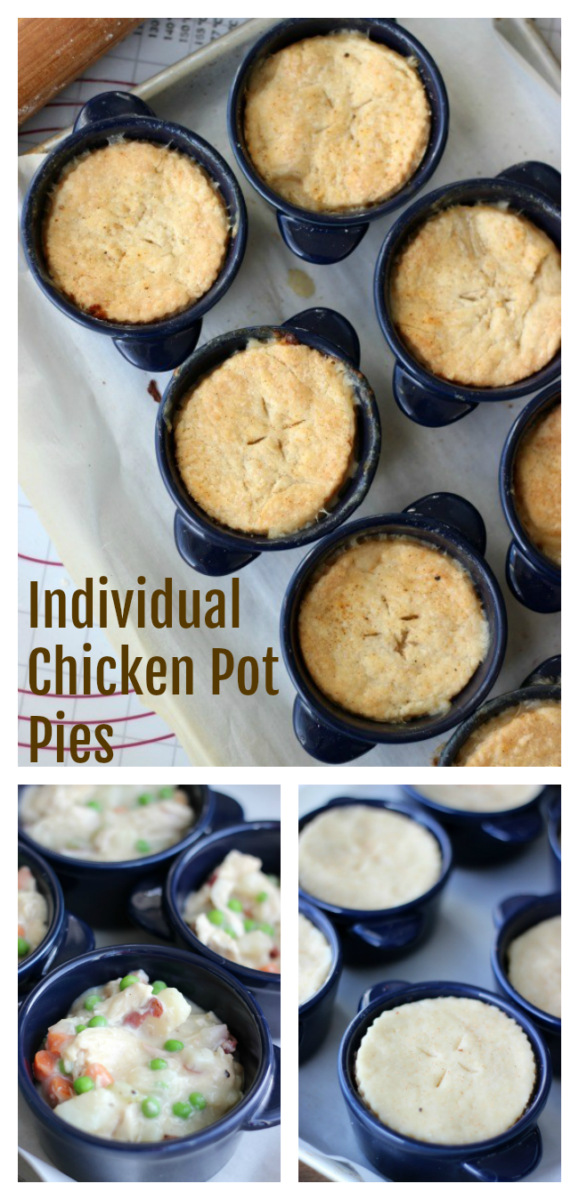 These individual chicken pot pies bake up quickly for the perfect weeknight comfort meal!  I love dinners that warm the home and warm the body on a cold winter day and these individual chicken pot pies do just that. 